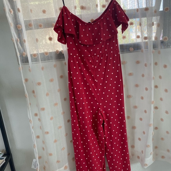 Red Polka Dot Bardot Culotte Jumpsuit - Picture 6 of 6